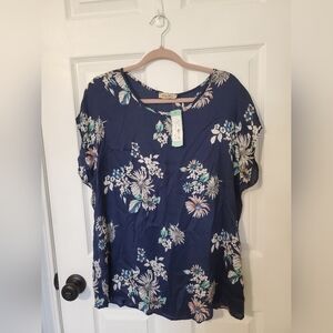NWT Full Moon Maternity Sabrea Navy Crew Neck Floral Blouse L